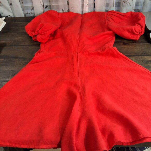Express Linen-Blend Tie-Front Red Romper Puff-Sleeve XS Accentuated Bust Tie Low - Picture 4 of 8
